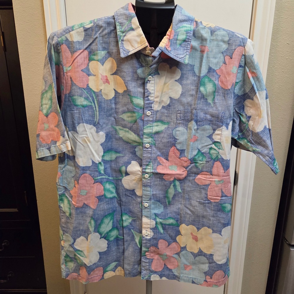 Surf Line Hawaii Mens Large Floral Button Down Shirt Blue Pastel Short Sleeve L